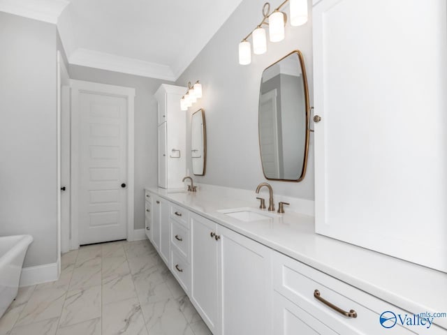 bathroom with vanity and crown molding