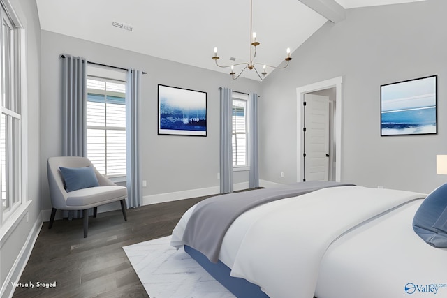 bedroom featuring lofted ceiling with beams, dark wood-type flooring, and an inviting chandelier