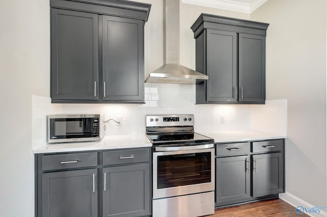 kitchen with decorative backsplash, wall chimney exhaust hood, appliances with stainless steel finishes, and gray cabinetry