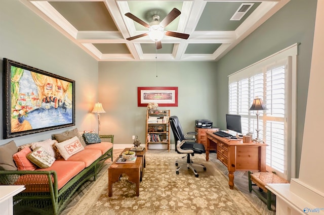 home office featuring a ceiling fan, visible vents, coffered ceiling, and a healthy amount of sunlight