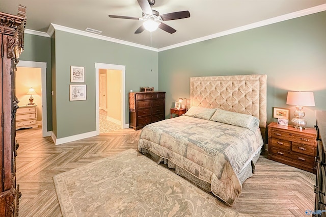 bedroom featuring baseboards, visible vents, ornamental molding, and ceiling fan