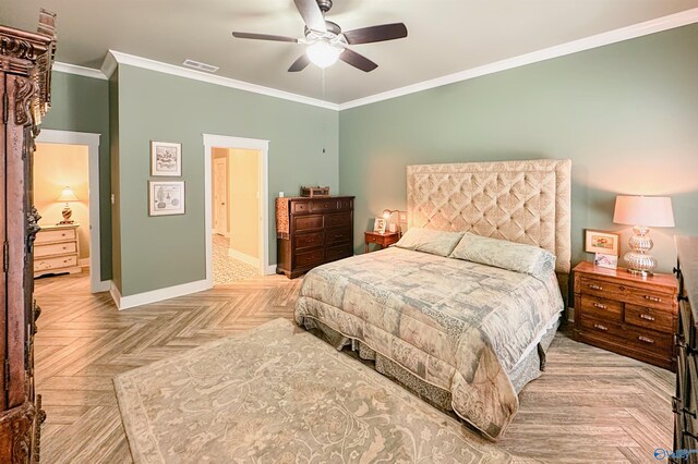 bedroom featuring visible vents, crown molding, baseboards, and a ceiling fan