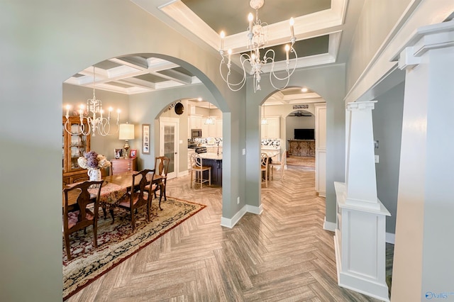 dining space with an inviting chandelier, ornamental molding, coffered ceiling, and beam ceiling