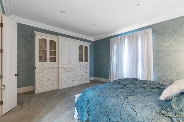 carpeted bedroom with crown molding