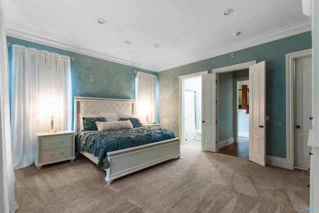 bedroom featuring light carpet and ornamental molding