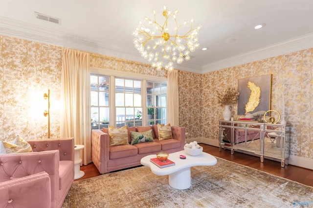 living room featuring dark wood-type flooring, ornamental molding, and a chandelier