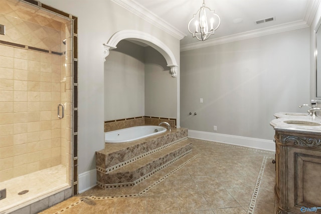 bathroom with vanity, independent shower and bath, ornamental molding, and tile patterned flooring