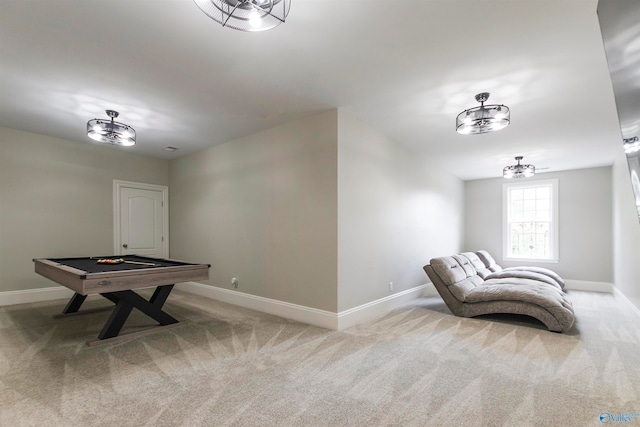 sitting room featuring light colored carpet and billiards