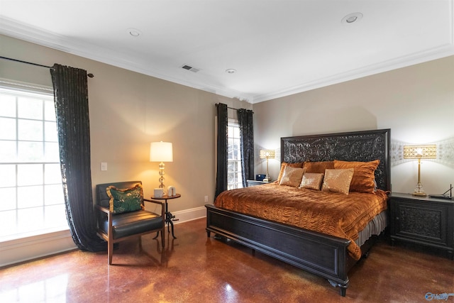 bedroom featuring ornamental molding and multiple windows