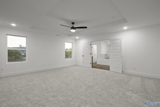 spare room with a raised ceiling, ceiling fan, and carpet flooring