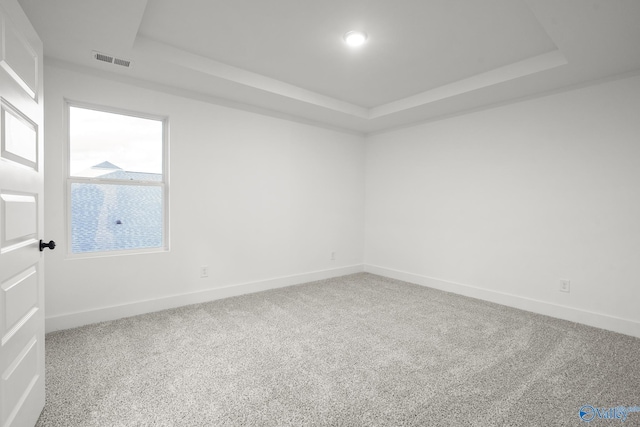 carpeted empty room with a tray ceiling