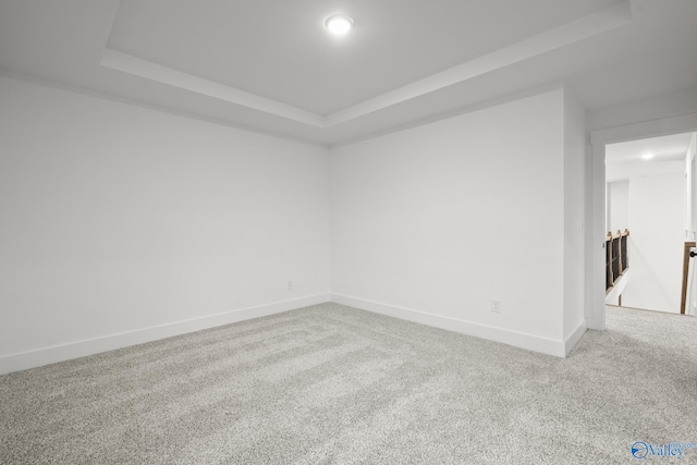 unfurnished room with a raised ceiling and carpet flooring