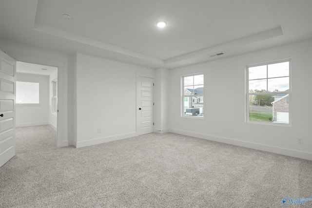 unfurnished room featuring a tray ceiling and light colored carpet