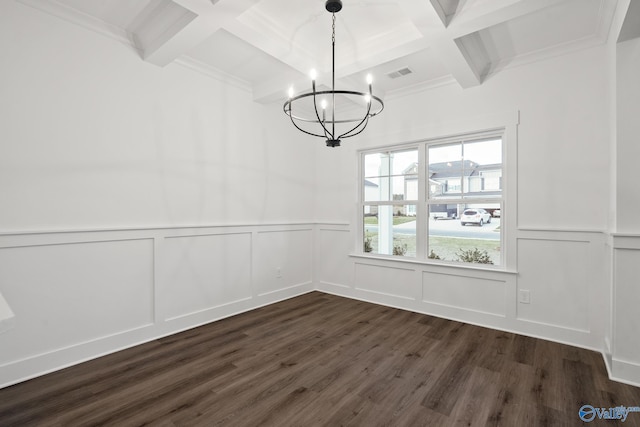 unfurnished dining area featuring coffered ceiling, a notable chandelier, dark hardwood / wood-style floors, and beamed ceiling