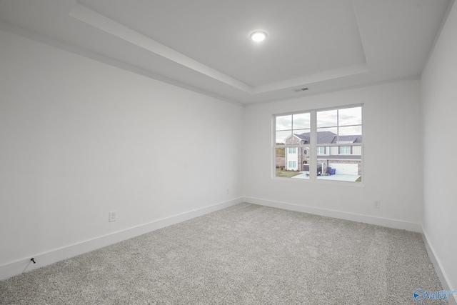 spare room with a tray ceiling and carpet