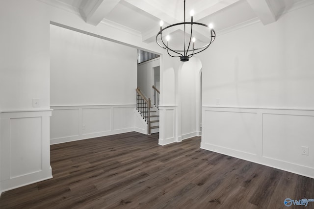 unfurnished dining area with beamed ceiling, dark hardwood / wood-style flooring, ornamental molding, and an inviting chandelier