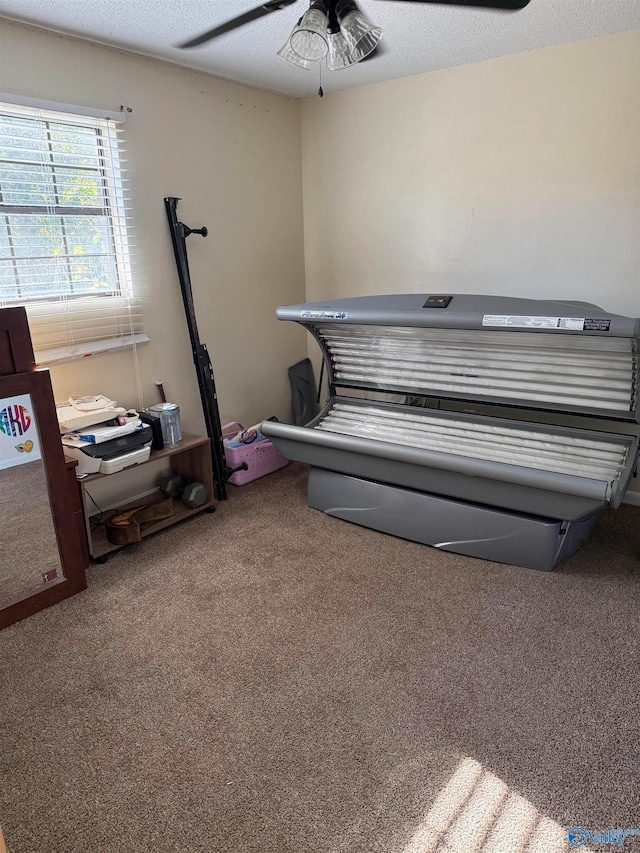 miscellaneous room with a textured ceiling, carpet flooring, and ceiling fan