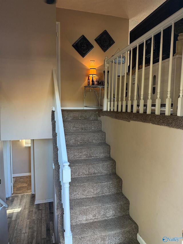 stairway with hardwood / wood-style floors