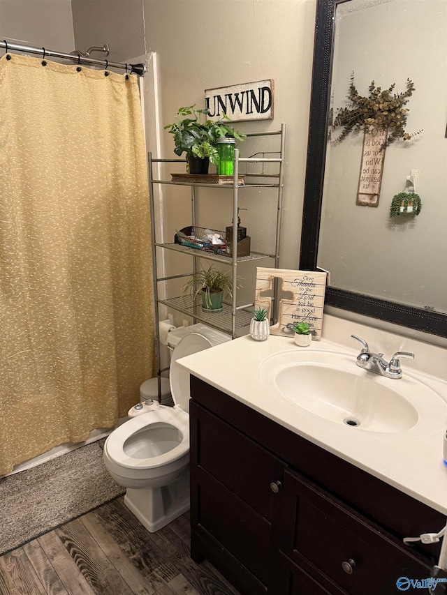 bathroom with toilet, walk in shower, hardwood / wood-style flooring, and vanity