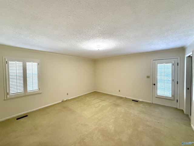 unfurnished room with light carpet and a textured ceiling