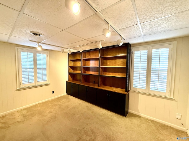 spare room with light carpet, a healthy amount of sunlight, and a drop ceiling