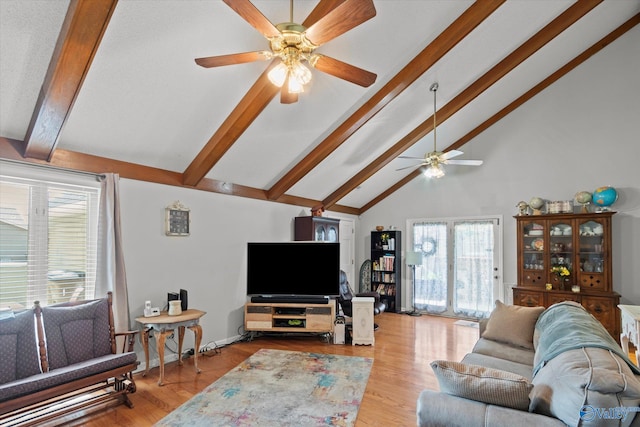 2413 Remington Cir SW, Decatur, AL 35601 - living room featuring ceiling fan, beam ceiling, high vaulted ceiling, plenty of natural light, and wood finished floors