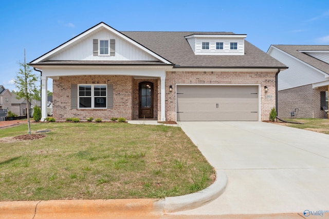 craftsman-style home with concrete driveway, a shingled roof, an attached garage, brick siding, and a front lawn