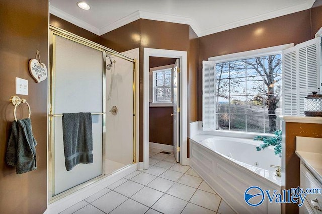 bathroom with tile patterned flooring, plus walk in shower, vanity, and crown molding