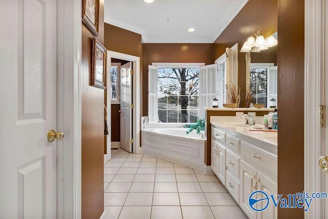 bathroom with tile patterned flooring, a tub to relax in, vanity, and ornamental molding