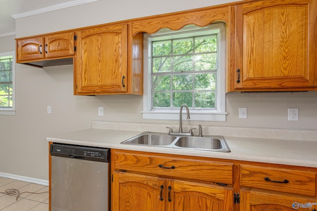 kitchen with a healthy amount of sunlight, sink, crown molding, and dishwasher