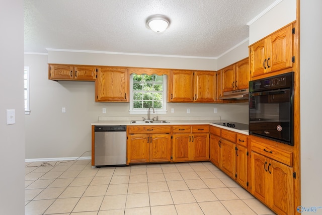 kitchen with sink, crown molding, light tile patterned floors, black appliances, and a textured ceiling