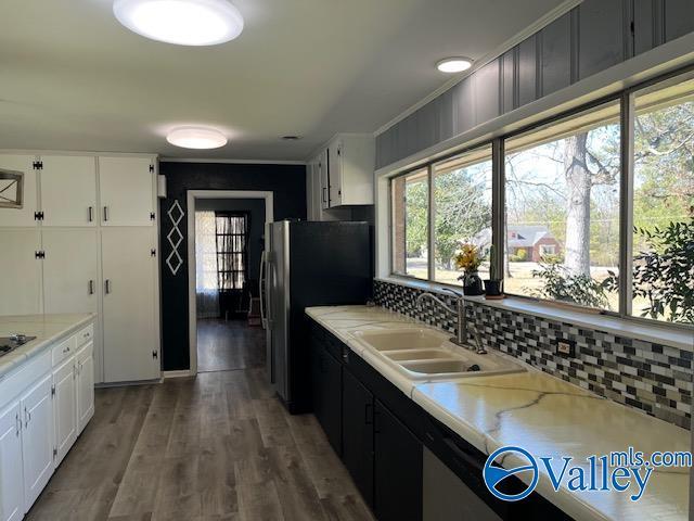 kitchen with dark wood-type flooring, a sink, white cabinetry, light countertops, and freestanding refrigerator