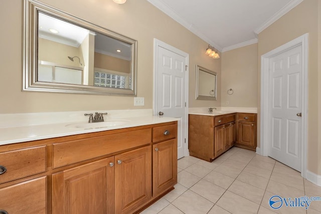 full bathroom featuring tile patterned floors, a shower, vanity, and crown molding