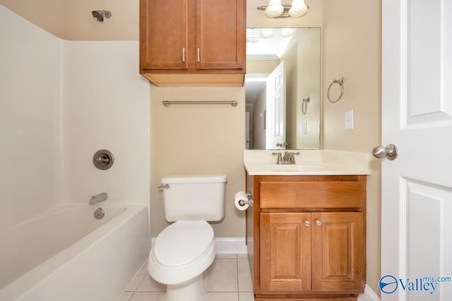 full bathroom featuring vanity, baseboards, tile patterned floors, toilet, and shower / bathtub combination