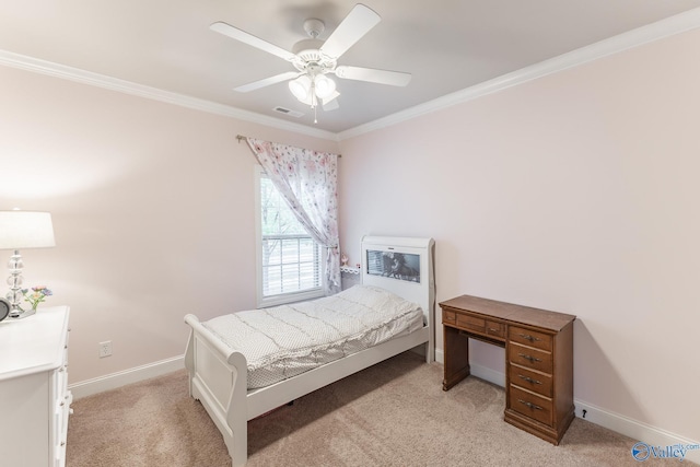 bedroom with ceiling fan, light colored carpet, ornamental molding, visible vents, and baseboards
