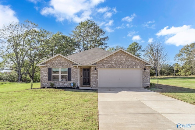 ranch-style house featuring a garage and a front lawn