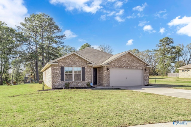 single story home featuring a front yard and a garage