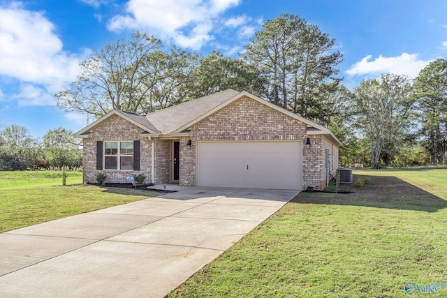 ranch-style house with a front yard, a garage, and central AC unit