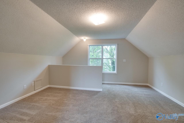additional living space with vaulted ceiling, carpet, and a textured ceiling