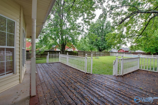 deck with a lawn and a fenced backyard