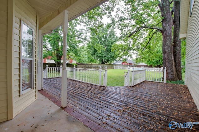 deck with a fenced backyard and a lawn