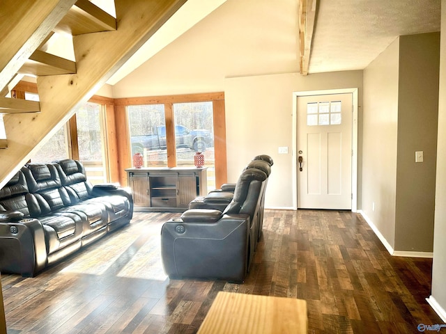 living room featuring beamed ceiling, a textured ceiling, dark hardwood / wood-style floors, and high vaulted ceiling