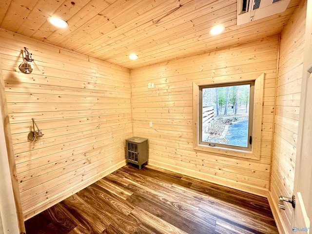 spare room featuring hardwood / wood-style flooring, wood walls, and wood ceiling