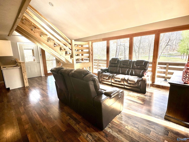 living room featuring dark hardwood / wood-style floors, vaulted ceiling, and sink