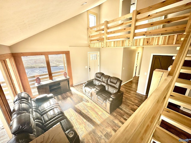 living room featuring dark hardwood / wood-style floors and high vaulted ceiling