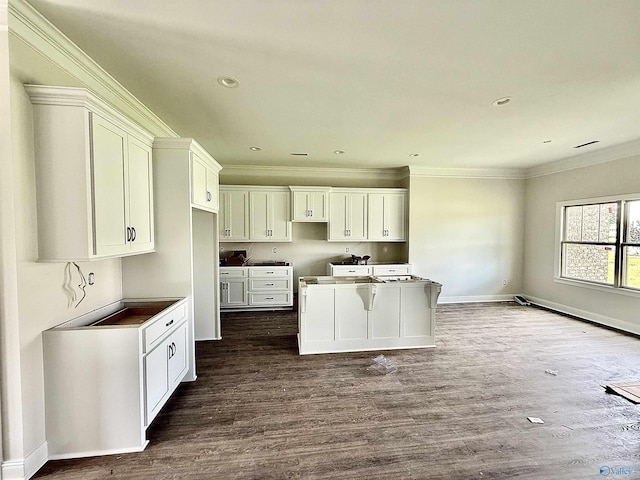 1005 Newbury Cv SW, Decatur, AL 35603 - kitchen with dark wood finished floors, a center island, crown molding, white cabinets, and baseboards