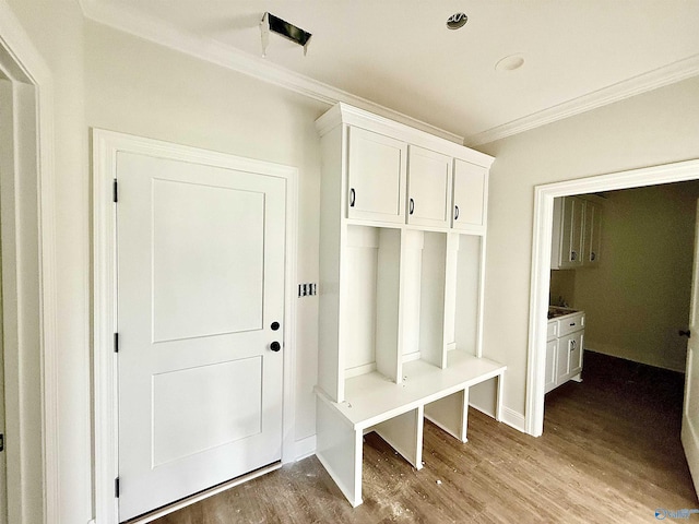 1005 Newbury Cv SW, Decatur, AL 35603 - mudroom featuring ornamental molding, wood finished floors, and baseboards