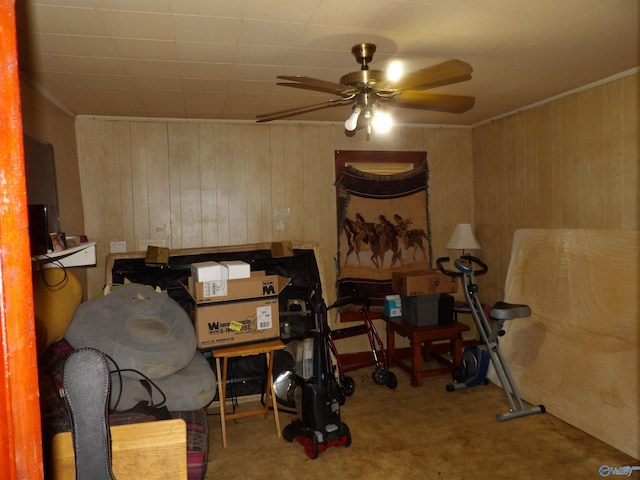 interior space featuring carpet, wood walls, ceiling fan, and ornamental molding