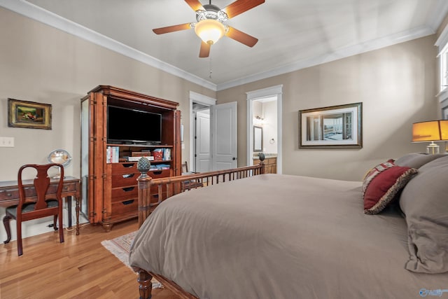 9 Beck St NW, Huntsville, AL 35806 - bedroom featuring light wood-style flooring, ensuite bathroom, a ceiling fan, and crown molding
