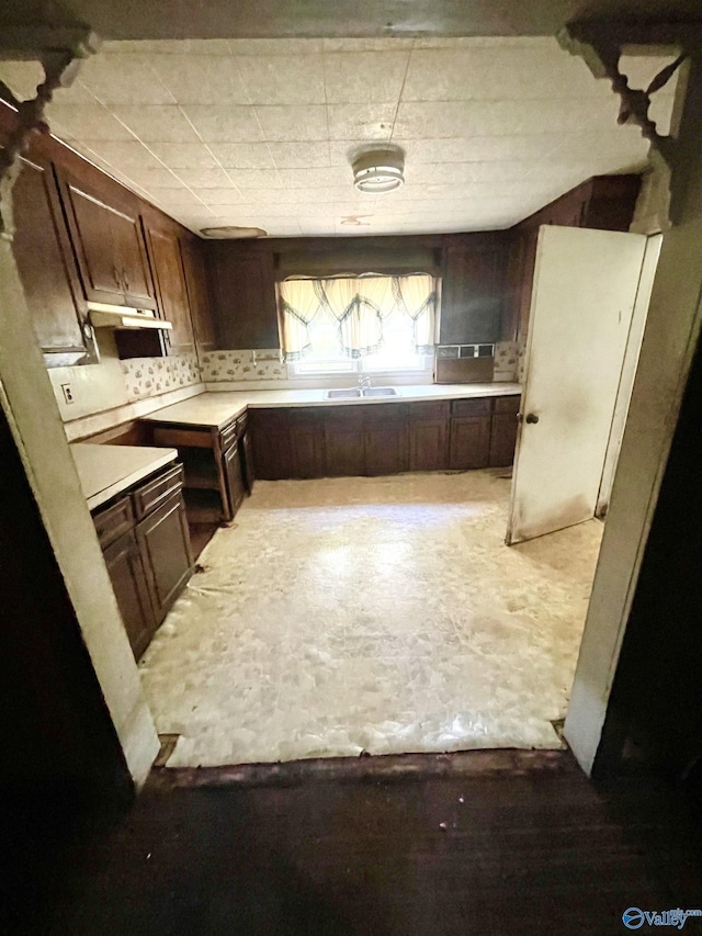 kitchen featuring sink, dark brown cabinets, and decorative backsplash